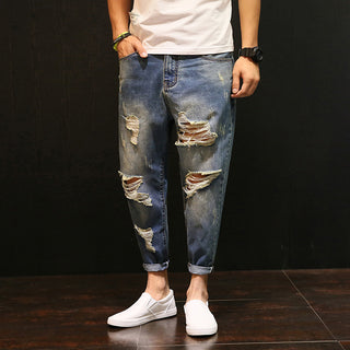Spring And Autumn Ripped Cropped Pants Men's Loose Jeans Japanese Style Skinny Student Plus Size Cropped Beggar Pants Trendy 5198