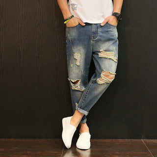 Spring And Autumn Ripped Cropped Pants Men's Loose Jeans Japanese Style Skinny Student Plus Size Cropped Beggar Pants Trendy 5198